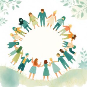קבוצה מגוונת של ילדים המחזיקים ידיים במעגל גדול.